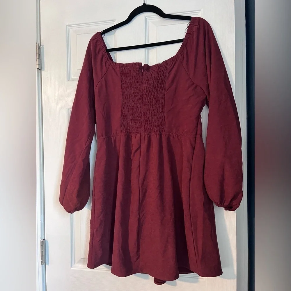 Burgundy Mini Sundress with Bishop Sleeves and Scoop Neck